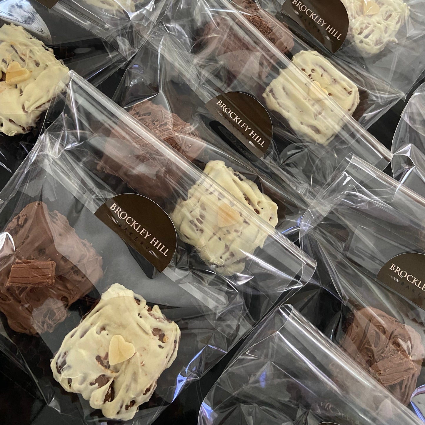 Cello bag with 2 chocolate brownies with WHITE & MILK choc drizzle