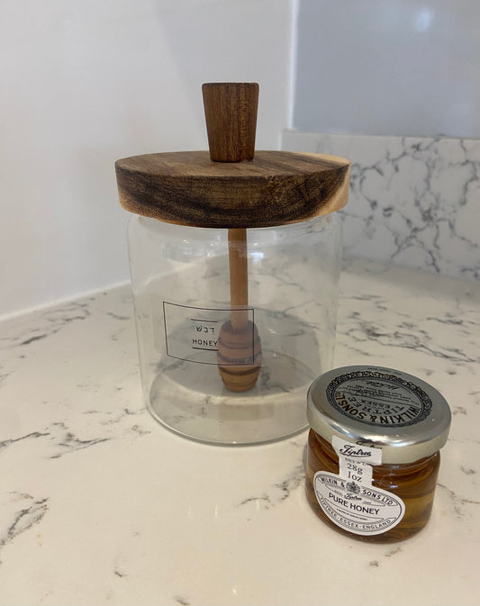 Glass Honey Jar and Dip Stick & Honey