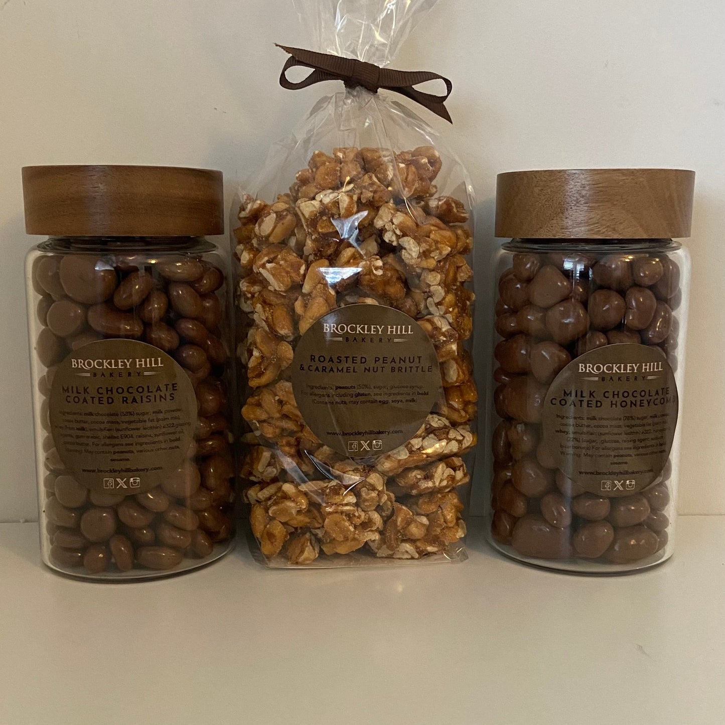 Chocolate Raisin, Roasted Peanut Brittle in Cello Bag & Chocolate Honeycomb Gift Box