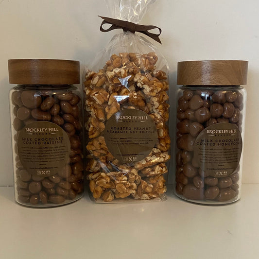 Chocolate Raisin, Roasted Peanut Brittle in Cello Bag & Chocolate Honeycomb Gift Box