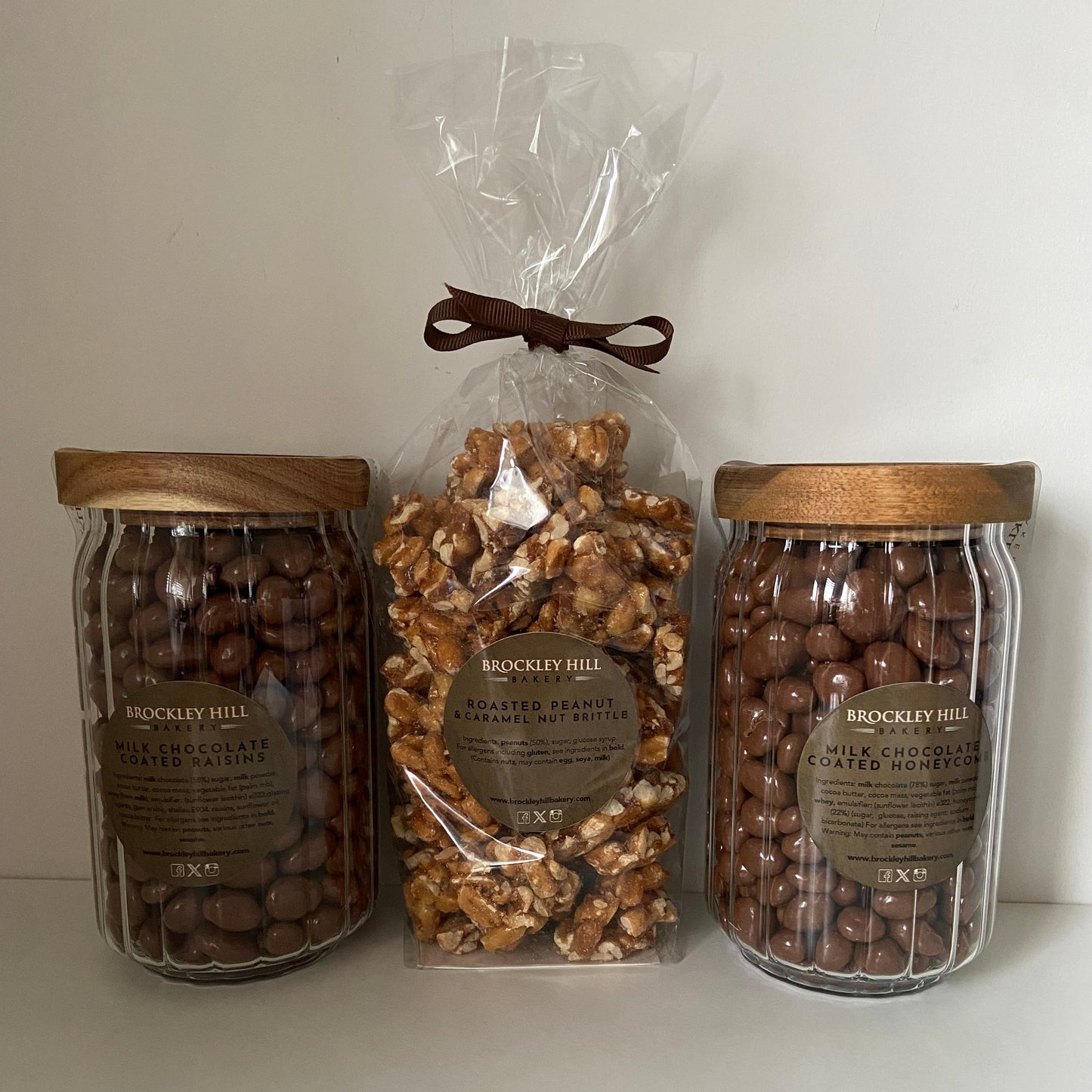 Choc Raisins, Roasted Peanut Brittle and Choc Honeycomb Glass Jar & Cello Bag Gift Box