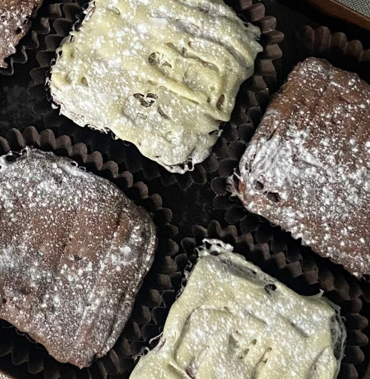 Luxury gift box of 12 chocolate brownies with MILK & WHITE choc drizzle